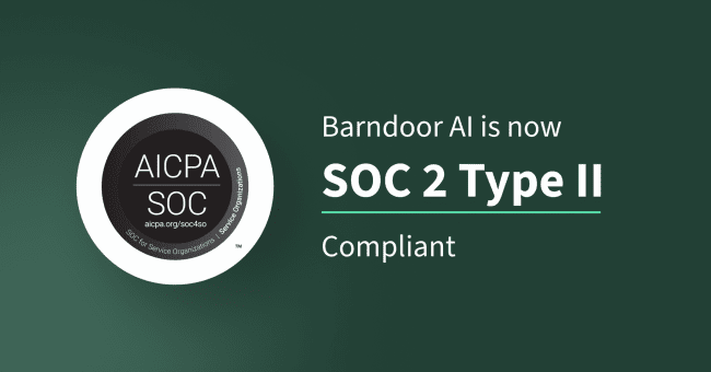 AICPA SOC 2 badge with text announcing Barndoor AI is now SOC 2 Type II Compliant