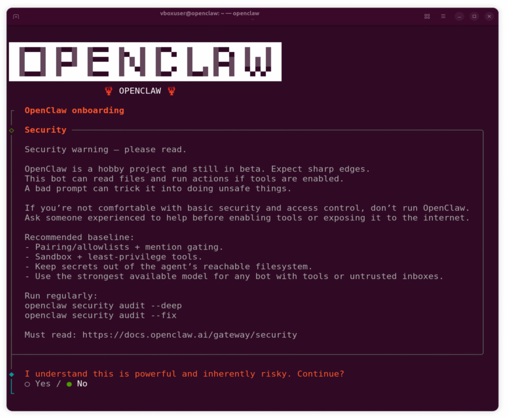 Warning in OpenClaw for users to proceed with caution